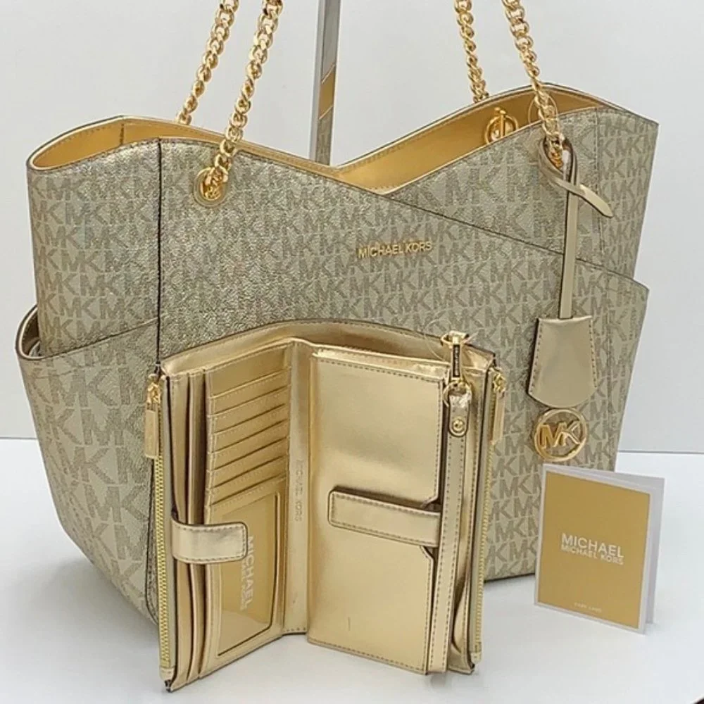 Michael Kors Large X Chain Sholder Tote & Large Double Zip Wallet Pale Gold - Picture 4 of 16